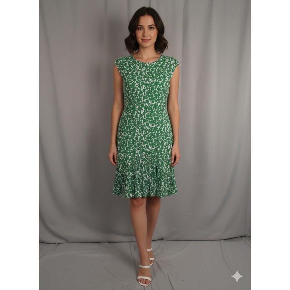 Boden Green‎ White Floral Jersey Fit Flare Pleated Dress Womens US 10R